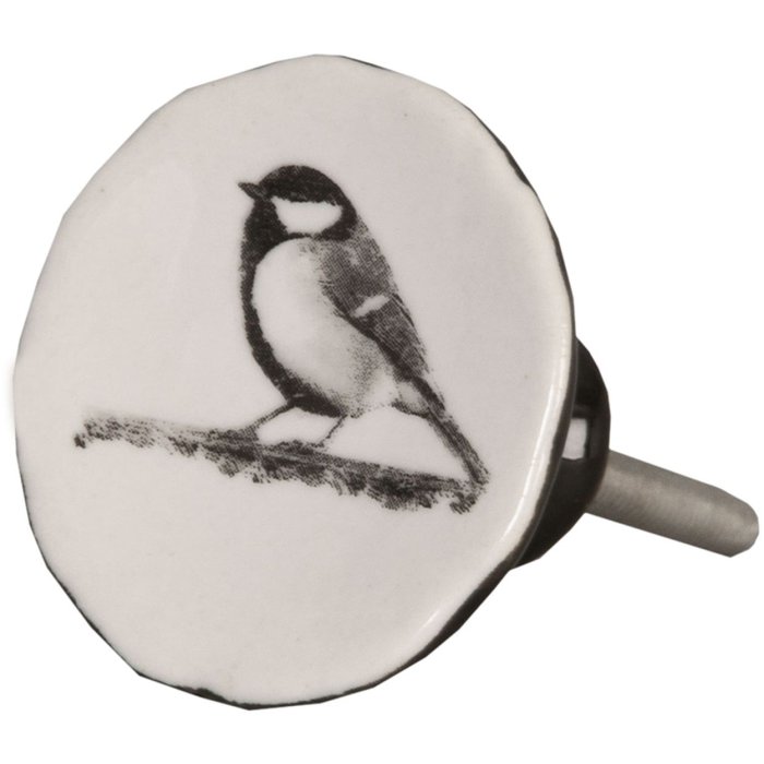 Clayre & Eef 62343 Pomello per porta Ø 4 cm Ceramica bianca nera Uccelli tondi