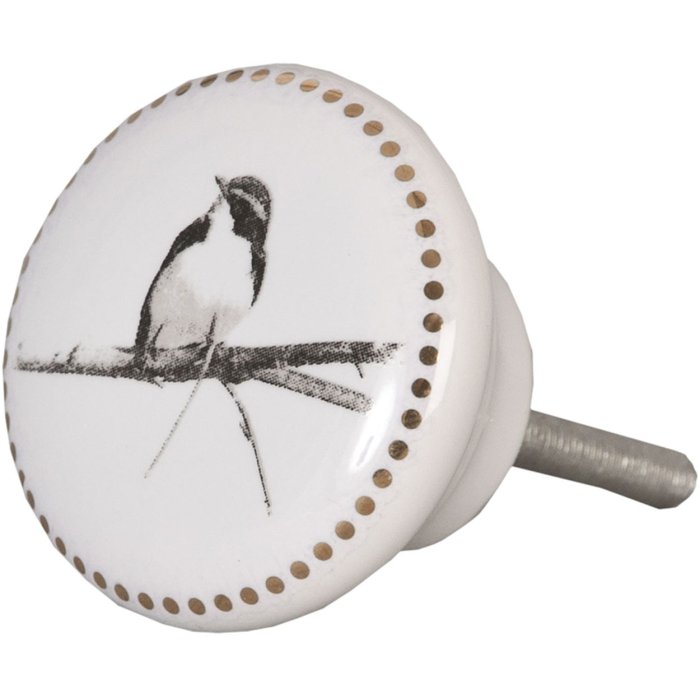 Clayre & Eef 62344 Pomello per porta Ø 4 cm Ceramica bianca grigia Uccelli tondi