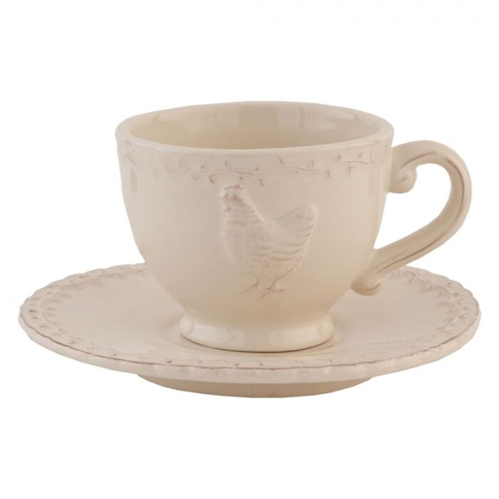 Clayre & Eef CHRKS Tazza con piattino 200 ml in ceramica beige Chicken Round Coffee