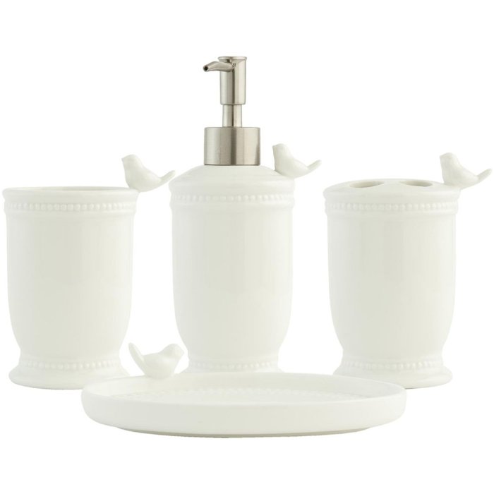 Clayre & Eef 62977 Set da bagno di 4 uccelli in ceramica bianca Round