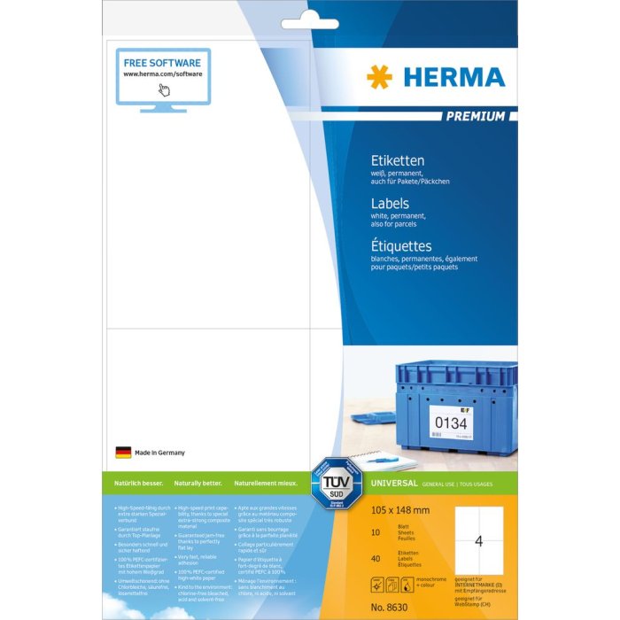 Etichette Premium A4, carta bianca 105x148 mm opaca 40 pz.
