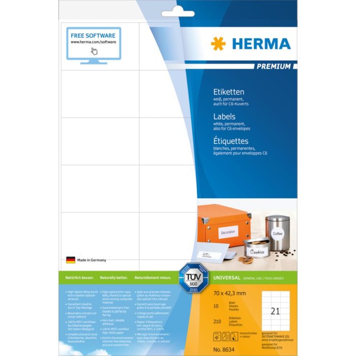 Etichette Premium A4, carta bianca 70x42,3 mm opaca 210 pz.