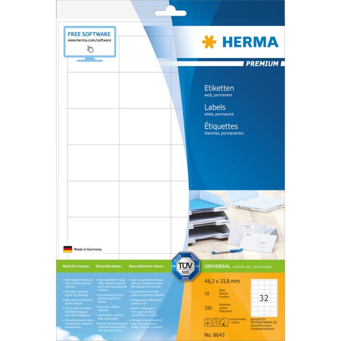 Etichette Premium a4, carta bianca 48,3x33,8 mm opaca 320 pz.