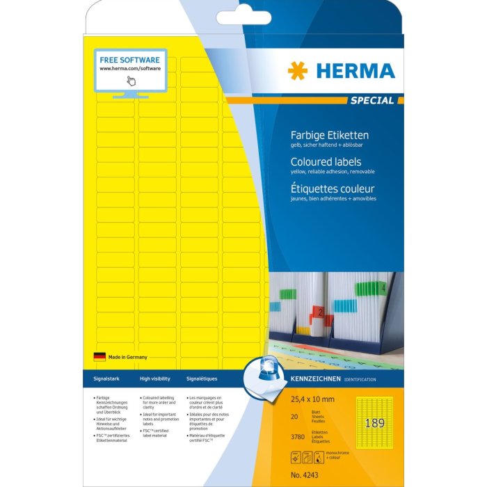 Etichette HERMA A4 giallo 25,4x10 mm carta opaca 3780 pezzi
