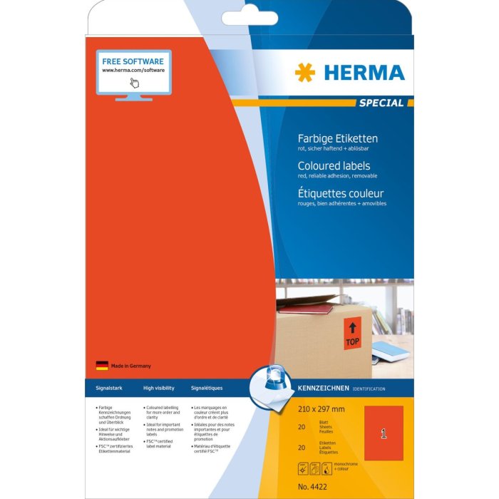 Etichette HERMA A4 rosso 210x297 mm carta opaca 20 pezzi