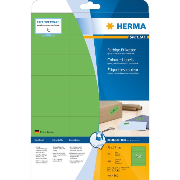 Etichette HERMA A4 verde 70x37 mm carta opaca 480 pezzi