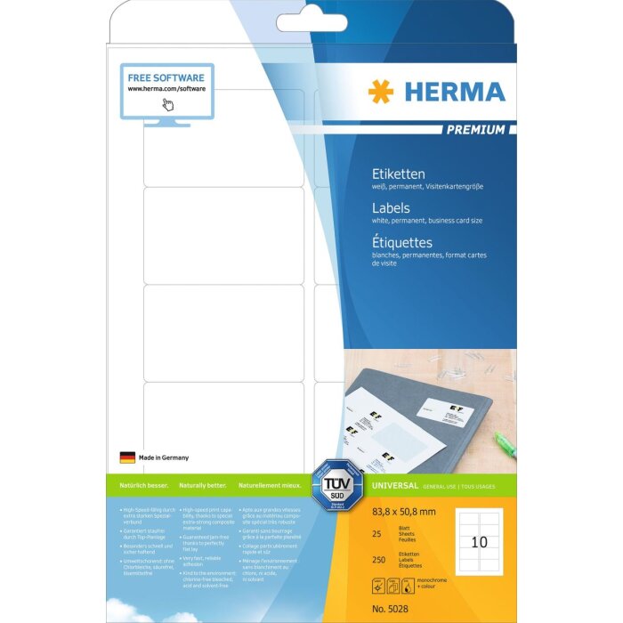 Etichette Premium A4, carta bianca 83,8x50,8 mm opaca 250 pz.