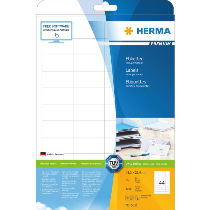 Etichette Premium A4, carta bianca 48,3x25,4 mm opaca 1100 pz.