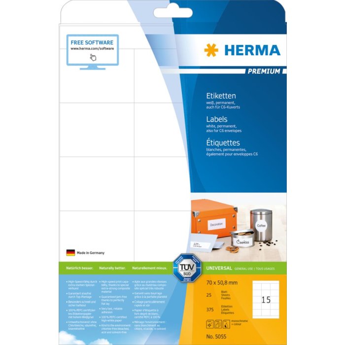 Etichette Premium a4, carta bianca 70x50,8 mm opaca 375 pz.