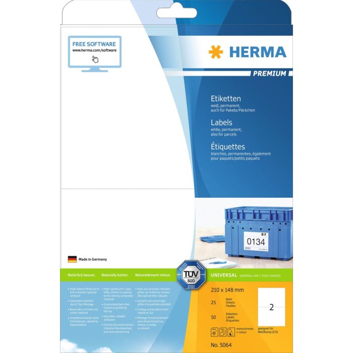 Etichette Premium A4, carta bianca 210x148 mm opaca 50 pz.