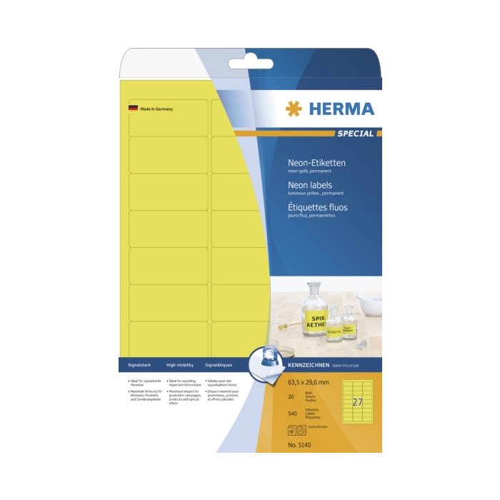 Etichette A4 giallo neon 63,5x29,6 mm carta opaca 540 pz.