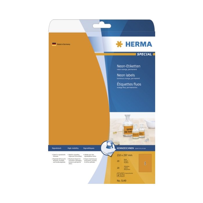 Etichette A4 arancio neon 210x297 mm carta opaca 20 pz.