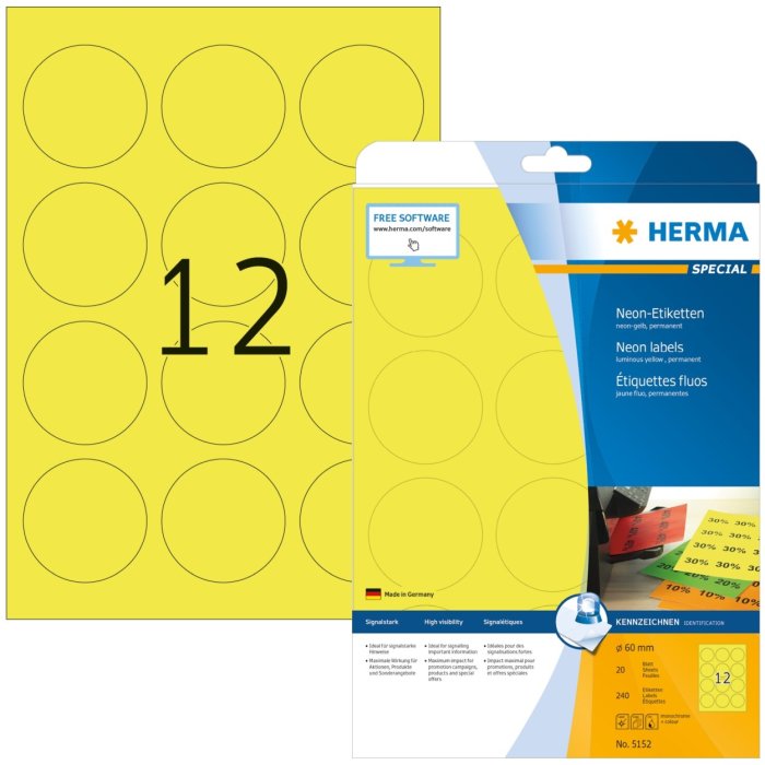 Etichette A4 giallo neon Ø 60 mm carta rotonda opaca 240 pz.
