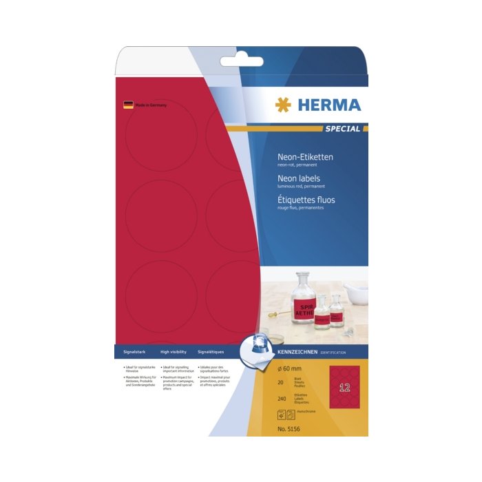 Etichette A4 rosso neon Ø 60 mm carta rotonda opaca 240 pz.