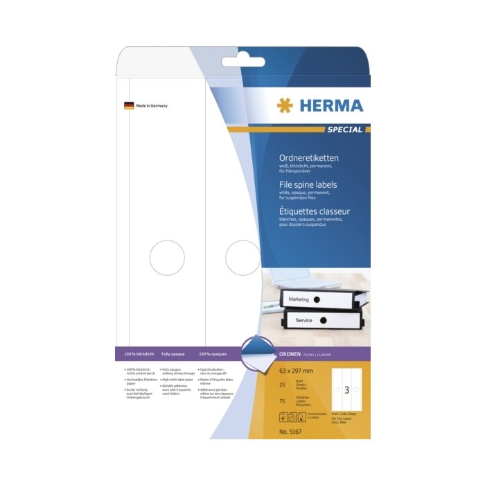 Etichette per cartelle sospese A4 bianco 63x297 mm carta opaca 75 pz.