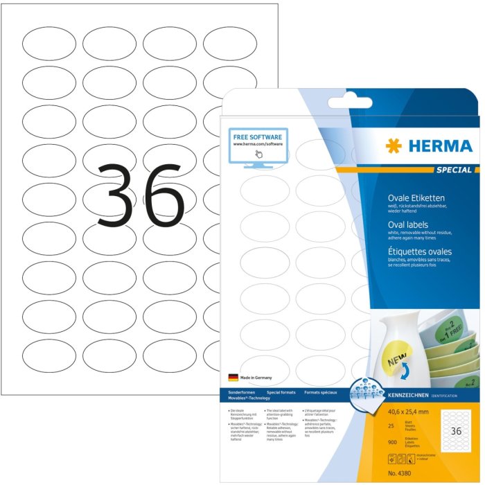 Etichette HERMA A4 bianche 40,6x25,4 mm ovali Carta mobile-rimovibile opaca 900 pz.