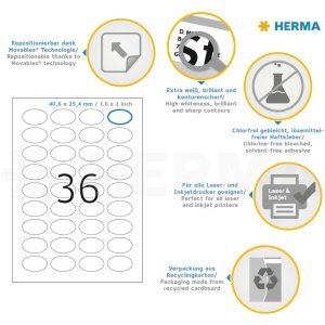 Etichette HERMA A4 bianche 40,6x25,4 mm ovali Carta mobile-rimovibile opaca 900 pz.