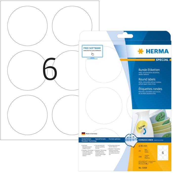 Etichette A4 bianche Ø 85 mm rotonde Carta mobile-rimovibile opaca 150 pz.