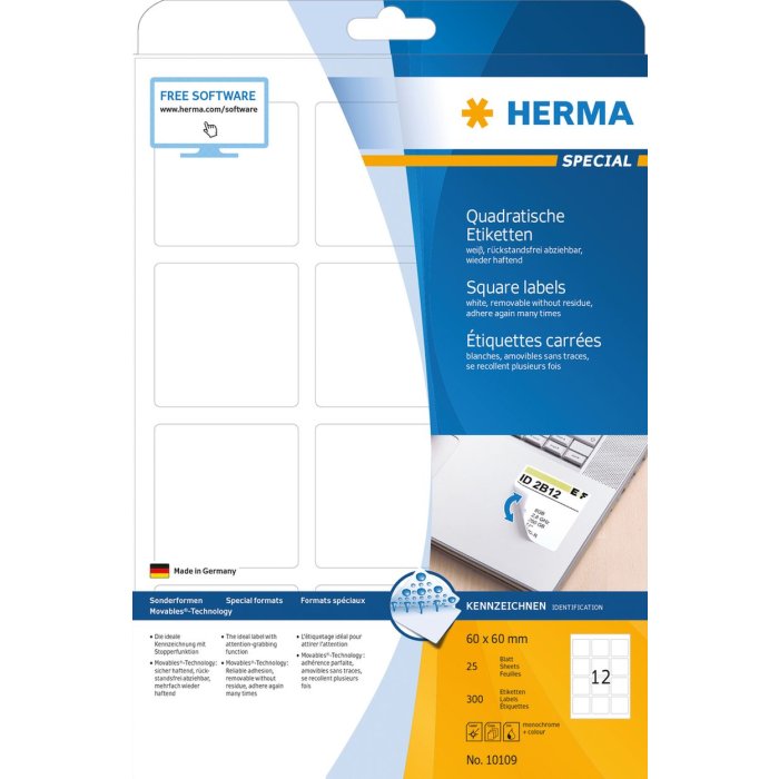 Etichette A4 bianche 60x60 mm quadrate Carta mobile-rimovibile opaca 300 pz.