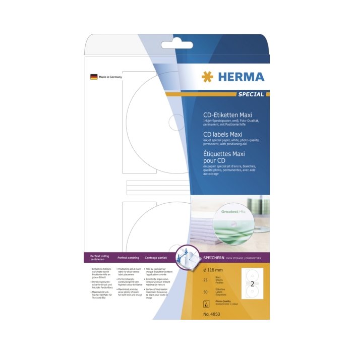Etichette CD Inkjet A4 bianco Ø 116 mm carta opaca 50 pz.