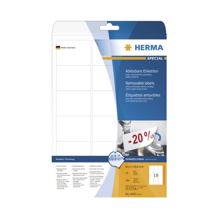 Etichette A4 bianche 63,5x46,6 mm Carta mobile-rimovibile opaca 450 pz.