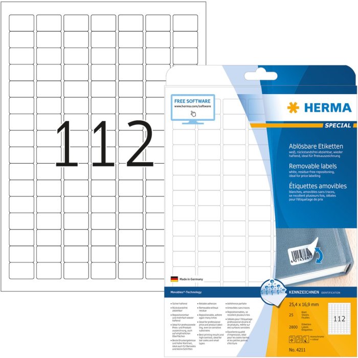 Etichette A4 bianche 25,4x16,9 mm Carta mobile-rimovibile opaca 2800 pz.