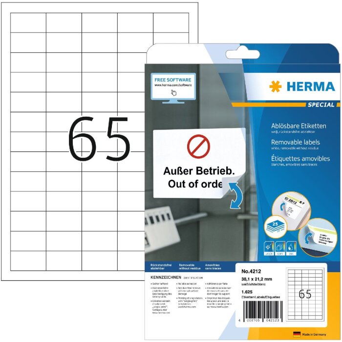 Etichette A4 bianche 38,1x21,2 mm Carta mobile-rimovibile opaca 1625 pz.