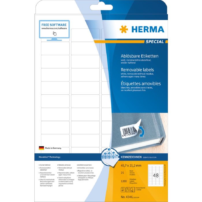 Etichette A4 bianche 45,7x21,2 mm Carta mobile-rimovibile opaca 1200 pz.