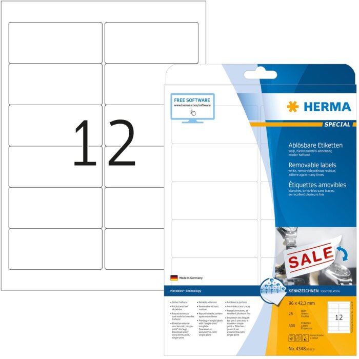 Etichette A4 bianche 96x42,3 mm Carta mobile-rimovibile opaca 300 pz.