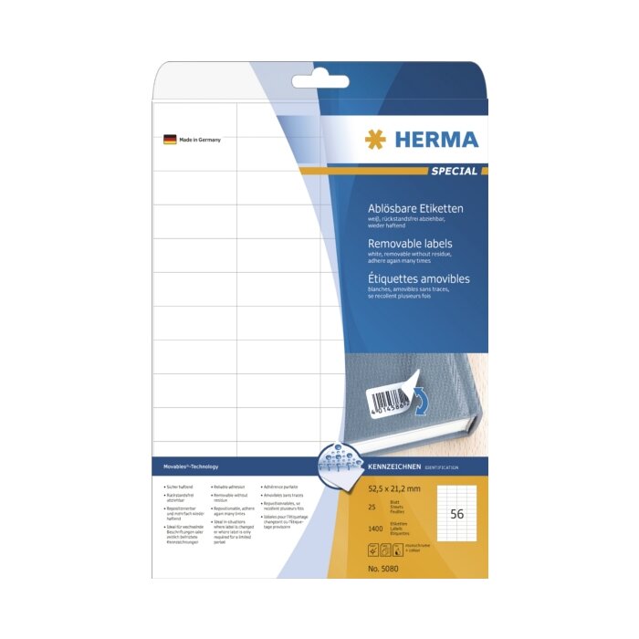 Etichette A4 bianche 52,5x21,2 mm Carta mobile-rimovibile opaca 1400 pz.