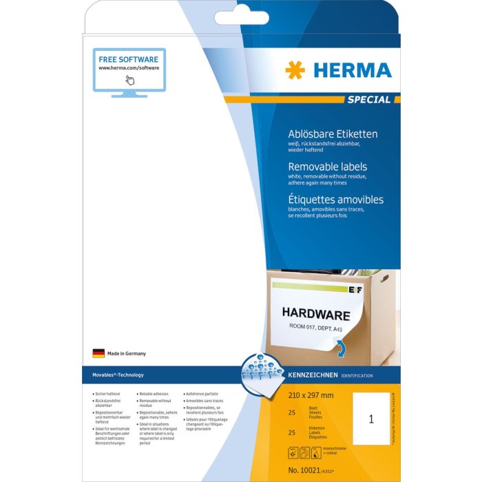 Etichette A4 bianche 210x297 mm Carta mobile-rimovibile opaca 25 pz.
