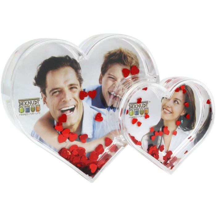 Doppio cuore fotografico in acrilico con cuori rossi glitterati