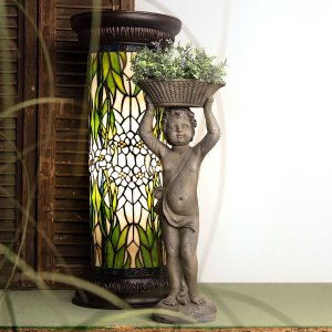 LumiLamp 5LL-5539 Colonna Tiffany Ø 31x78 cm Verde Fiori di vetro bianco Rotondo