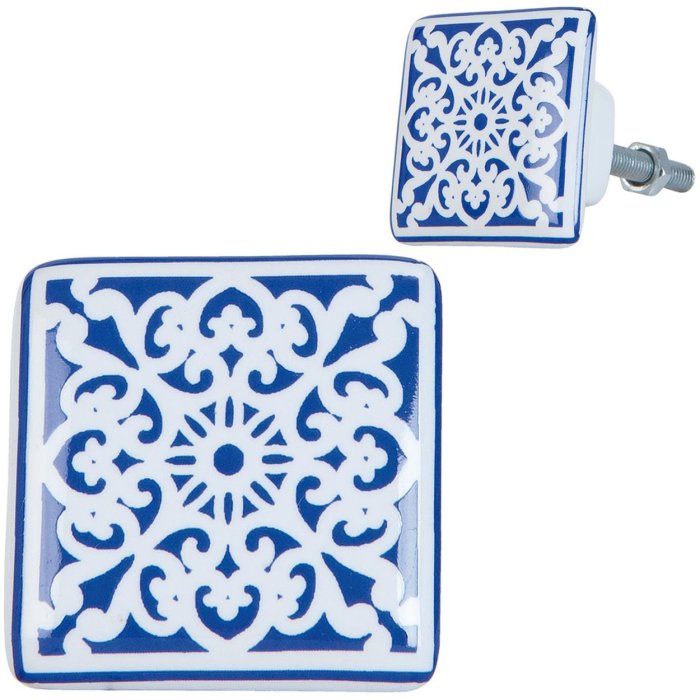 Clayre & Eef 63415 Pomello per porta 3x2x3 cm Blu Bianco Ceramica Quadrato