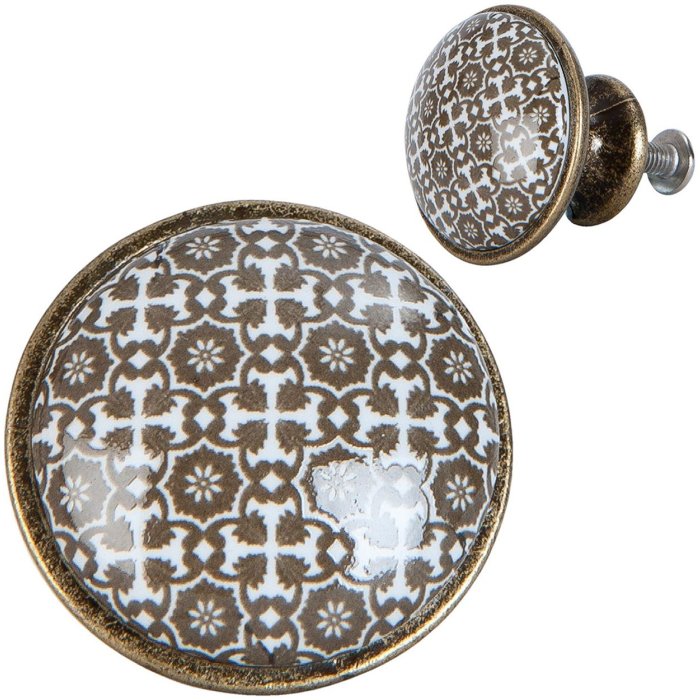 Clayre & Eef 63423 Pomello per porta Ø 2 cm Marrone Bianco Ceramica Fiori Rotondo