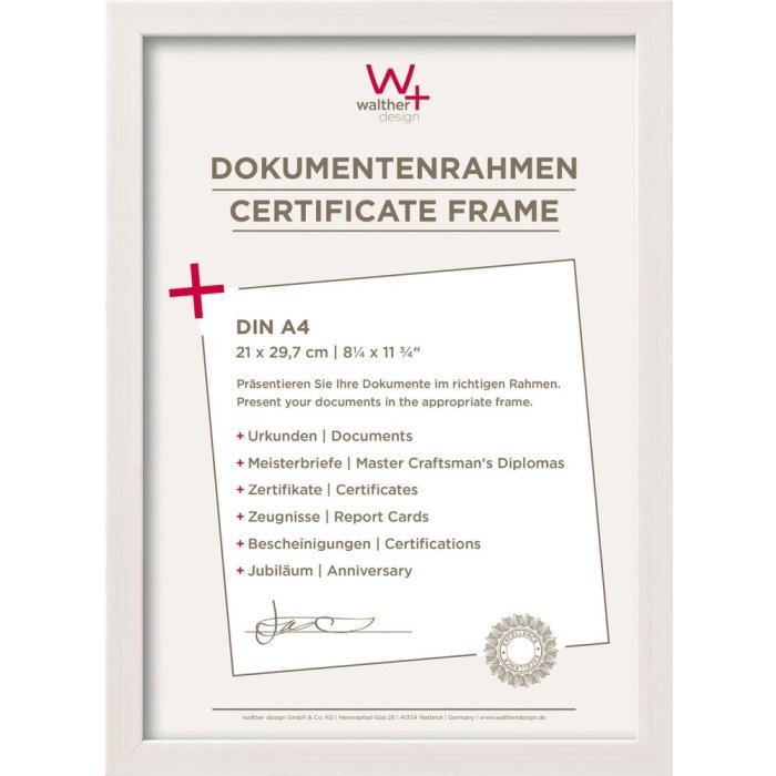 Walther Cornice per quadri Costruzione 21x30 cm bianco DIN A4 Cornice per certificati
