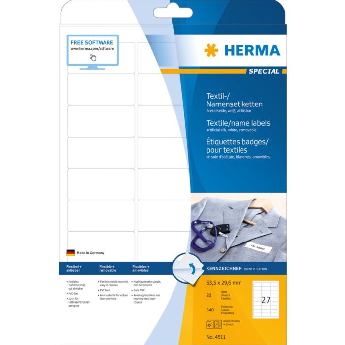 Etichette per nomi Herma SPECIAL, rimovibili, A4, 63,5 x 29,6 mm, bianche, in acetato di seta, stampabili