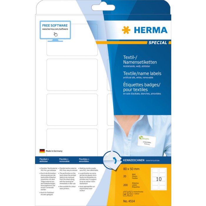 Etichette per nomi Herma SPECIAL, rimovibili, A4, 80 x 50 mm, bianche, separabili, in acetato di seta, stampabili