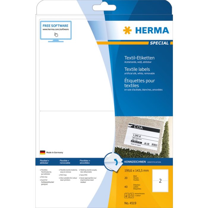 Etichette per nomi Herma SPECIAL, rimovibili, A4, 199,6 x 143,5 mm, bianche, in acetato di seta, stampabili
