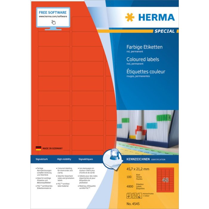 Etichette colorate Herma SPECIAL A4, 45,7 x 21,2 mm, rosso, adesivo permanente