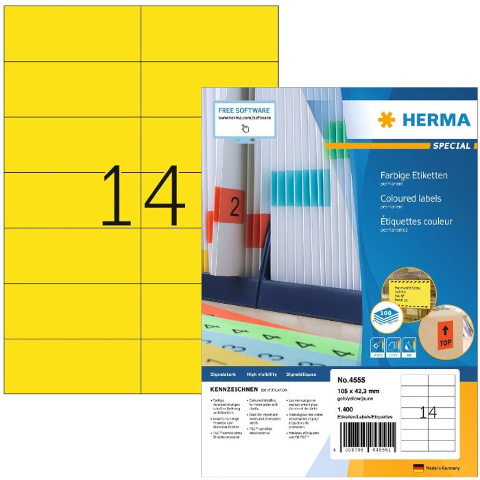Herma etichette colorate speciali a4, 105 x 42,3 mm, giallo, adesivo permanente