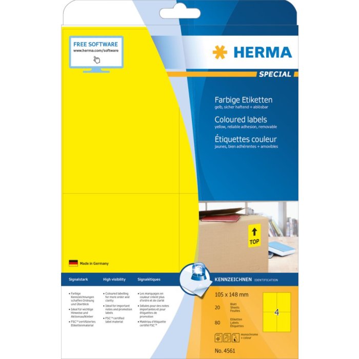Etichette colorate Herma SPECIAL A4, 105 x 148 mm, giallo, rimovibili