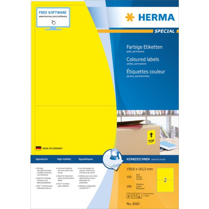 Etichette colorate Herma SPECIAL A4, 199,6 x 143,5 mm, giallo, adesivo permanente