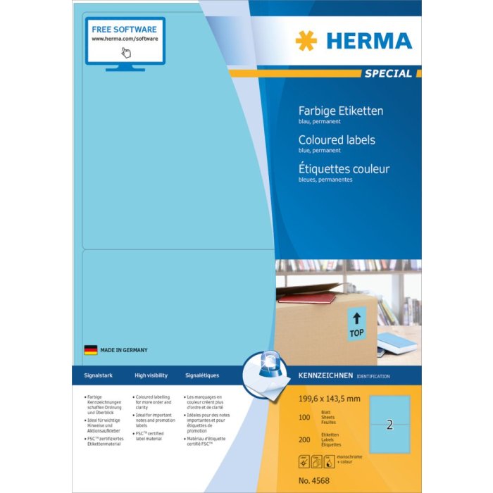 Etichette colorate Herma SPECIAL A4, 199,6 x 143,5 mm, blu, adesivo permanente