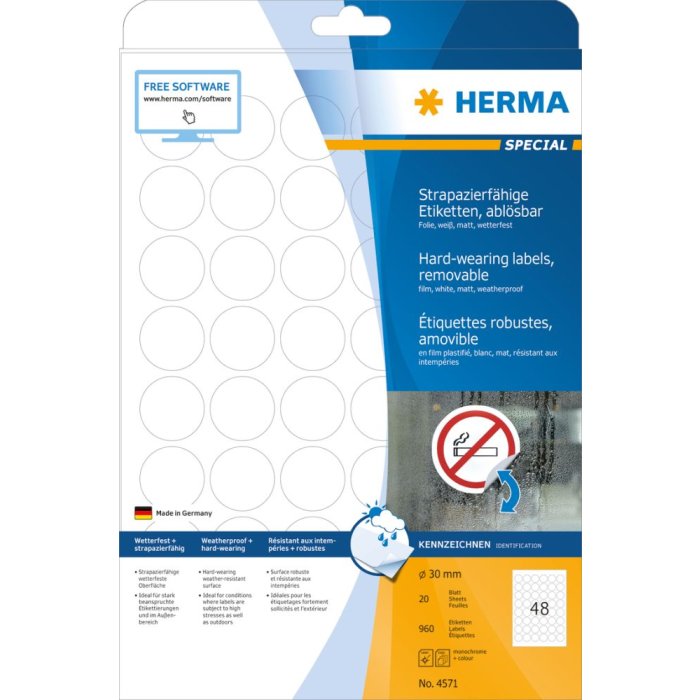 Etichette Herma SPECIAL in pellicola resistente alle intemperie A4, Ø 30 mm, bianco, adesivo estremamente forte, rimovibile