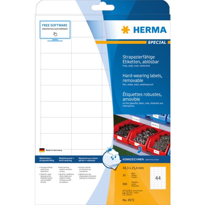 Etichette Herma SPECIAL in pellicola resistente alle intemperie A4, 48,3 x 25,4 mm, bianche, adesione estremamente forte, rimovibili