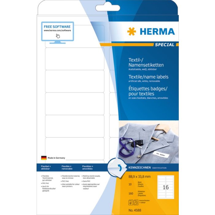 Etichette per nomi Herma SPECIAL, rimovibili, A4, 88,9 x 33,8 mm, bianche, in acetato di seta, stampabili