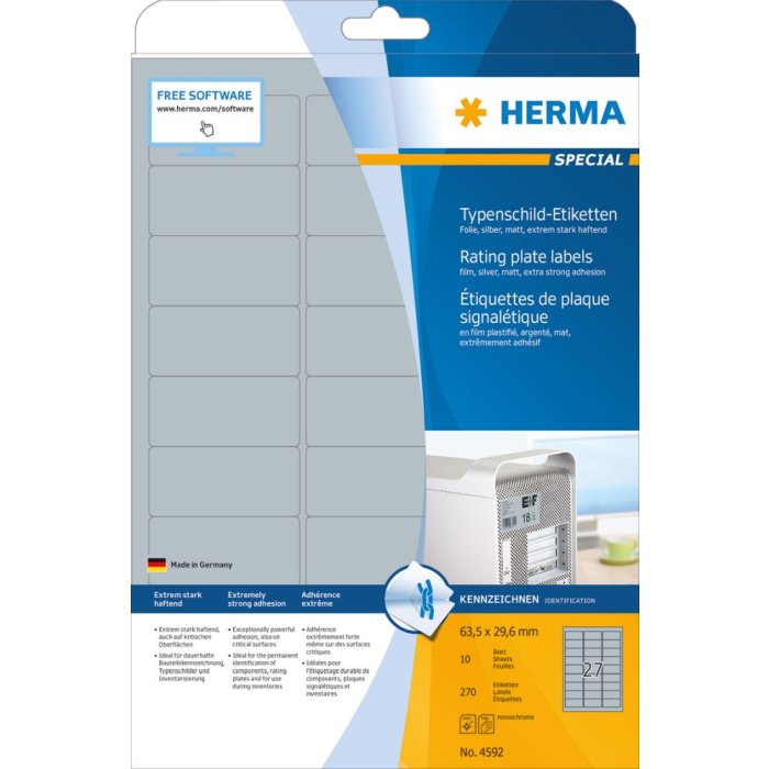 Etichette per targhette Herma SPECIAL, argento, A4, 63,5 x 29,6 mm, adesione estremamente forte, resistente alle intemperie, antistrappo