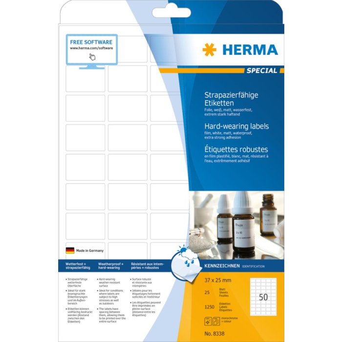 Etichette Herma in film resistente alle intemperie A4, 37 x 25 mm, bianco, adesione estremamente forte