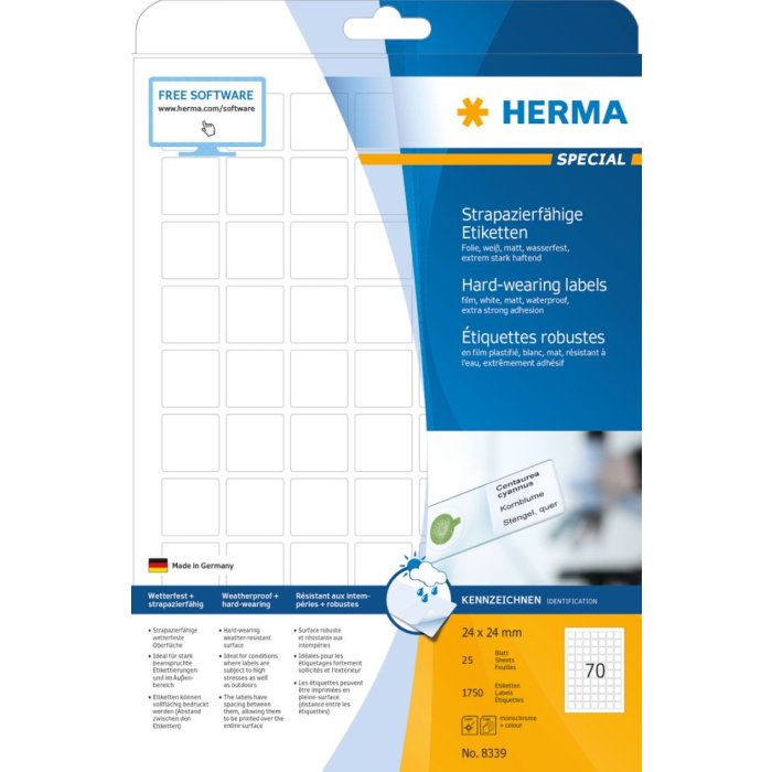 Etichette Herma in film resistente alle intemperie A4, 24 x 24 mm, bianco, adesione estremamente forte